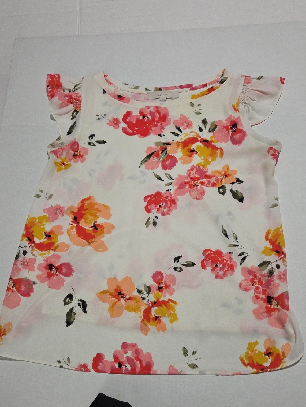 LOFT Cream Floral Flutter-Sleeve Blouse with Pink & Orange Blooms